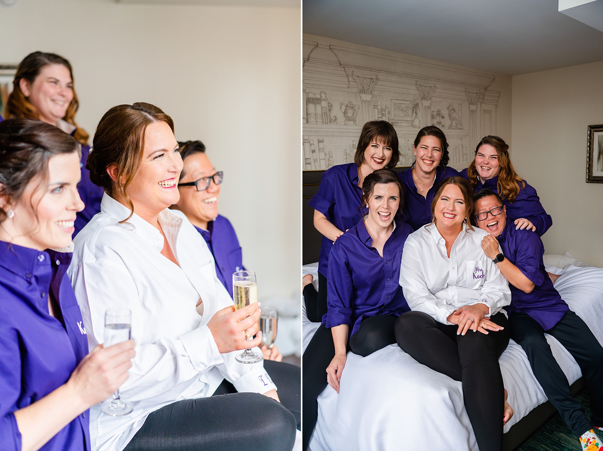 bride and bridal party sit on bed with champagne 