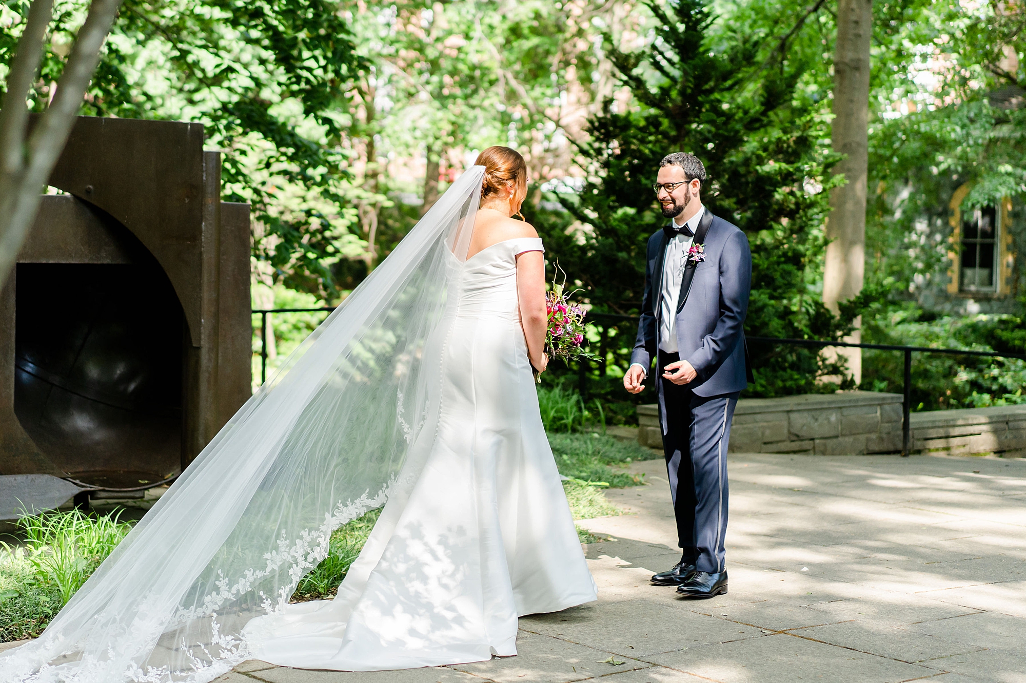bride walks up to groom during first look