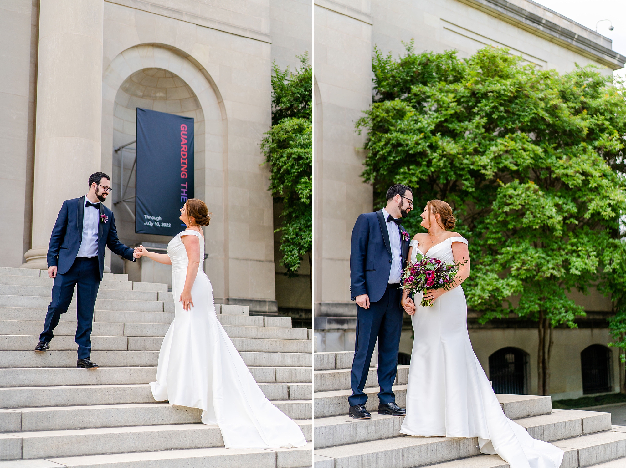 newlyweds pose on steps of Baltimore Museum of Art