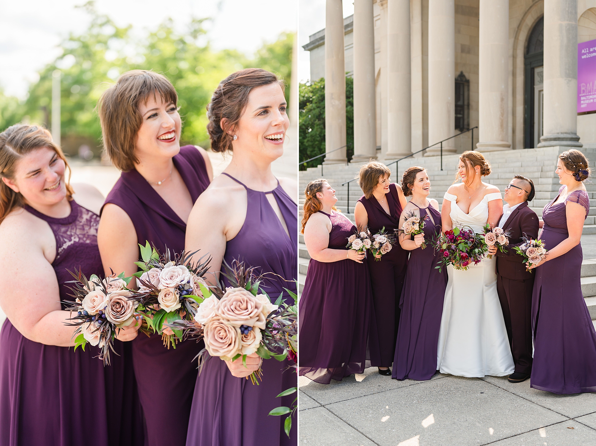 wedding party stands on steps of Baltimore Museum of Art with bride in plum wedding attire 