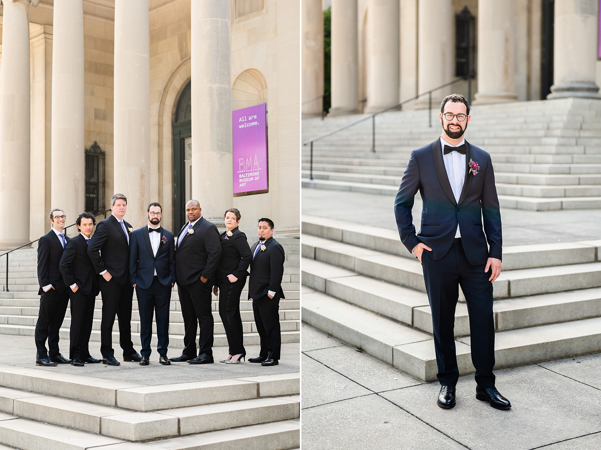 groom stands on steps of Baltimore Museum of Art in navy suit