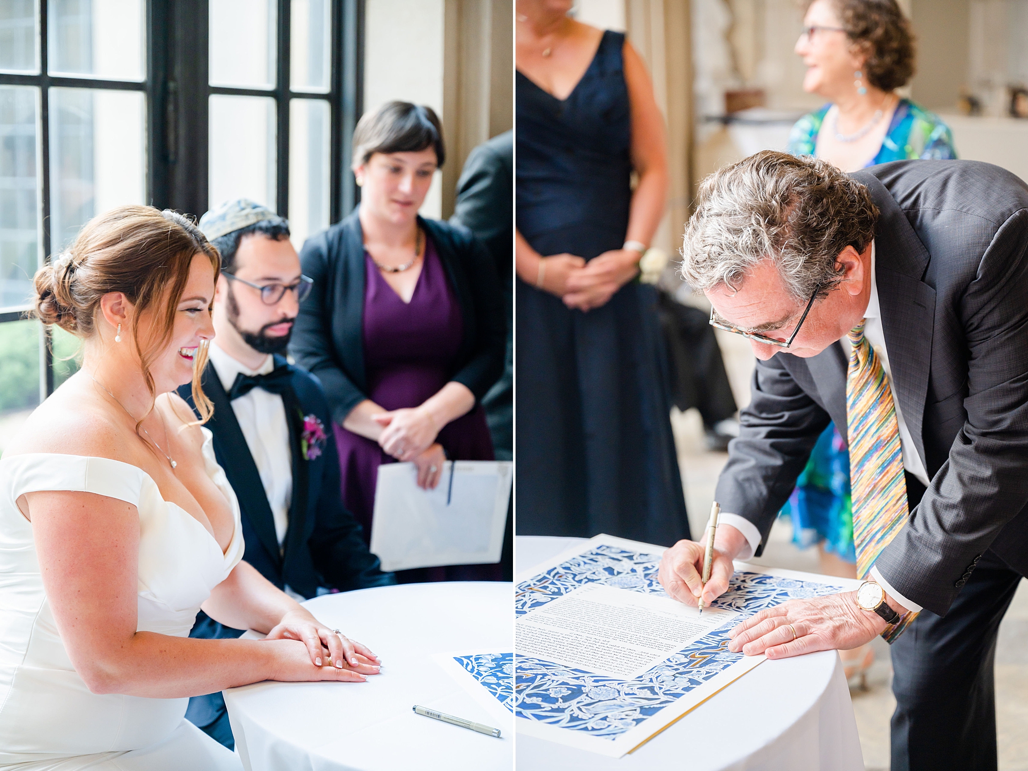 newlyweds sign ketubah before Jewish wedding ceremony at Baltimore Museum of Art