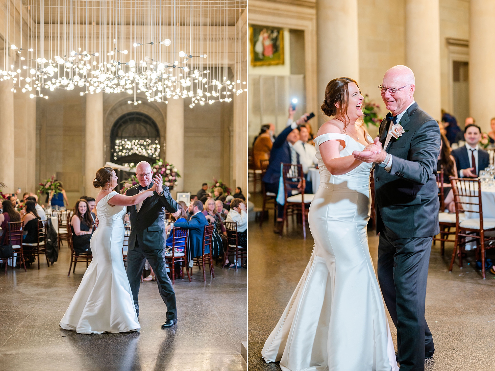 bride and dad dance together during wedding reception in Baltimore MD