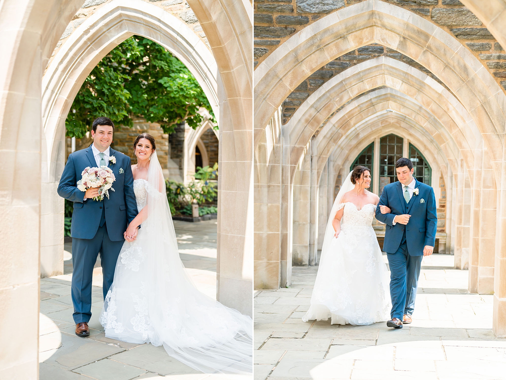 married couple walks under stone archways at Saint Andrews School