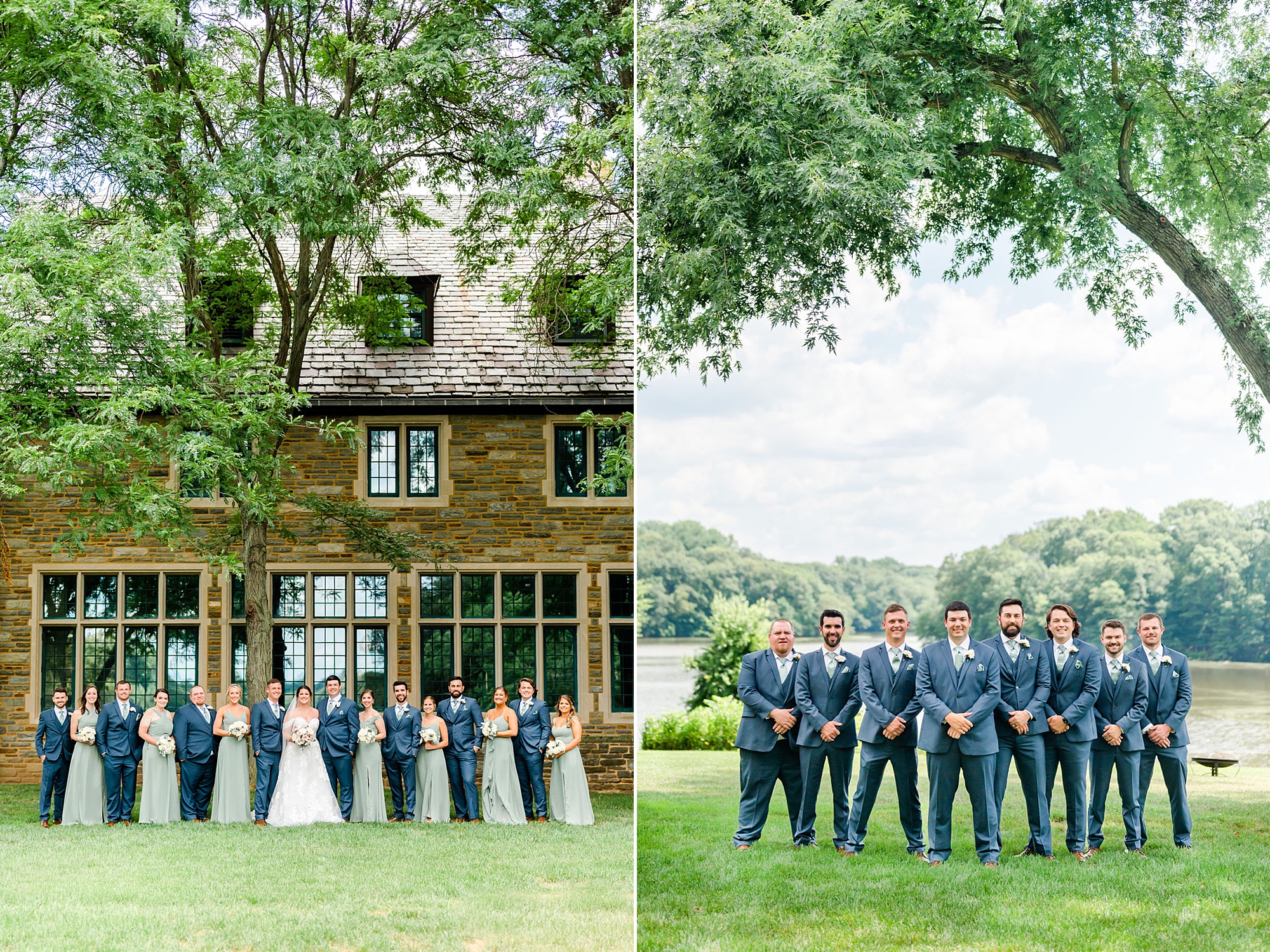 bridal party stand together on lawn at Saint Andrews School