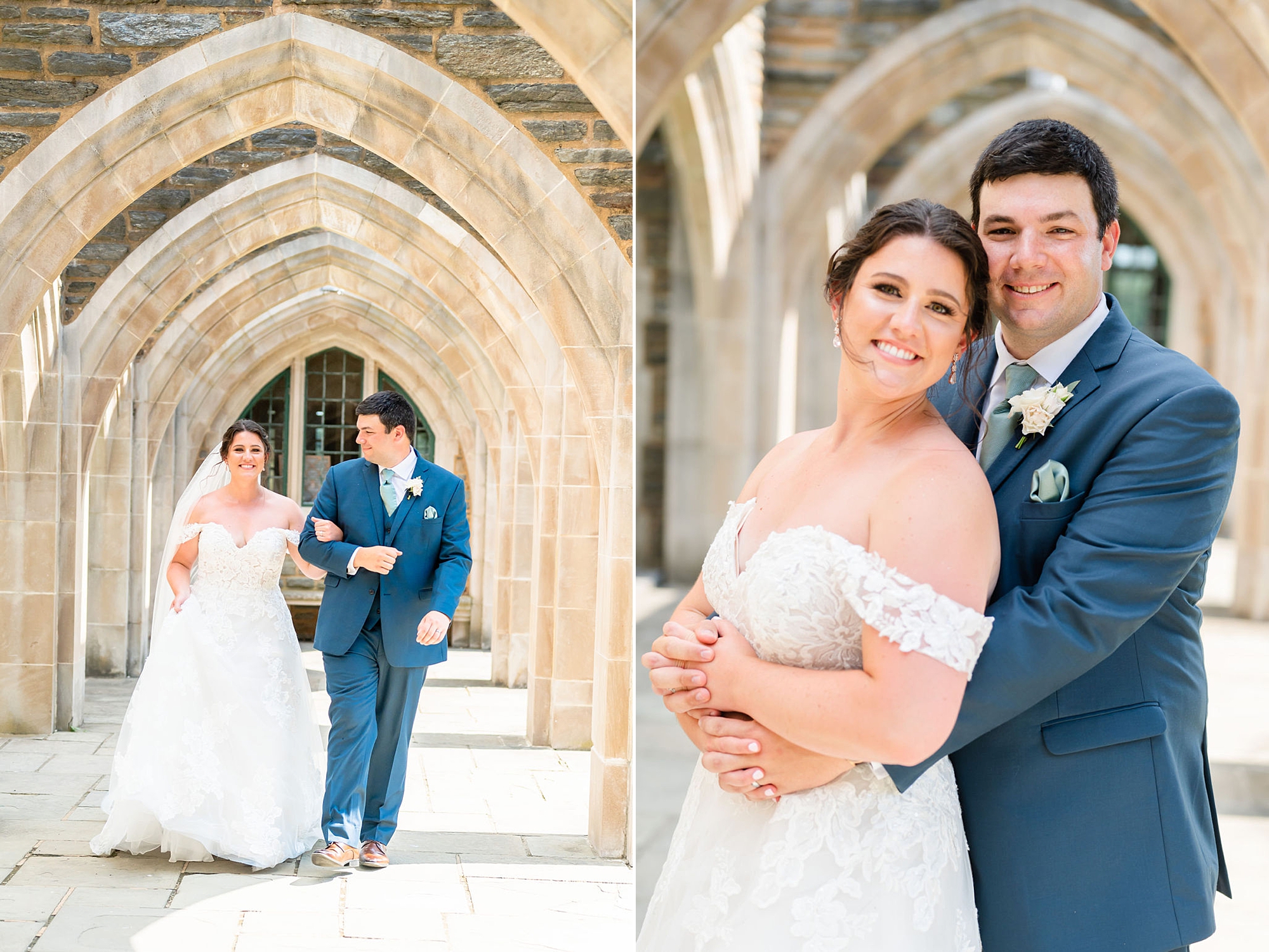 groom hugs bride from behind during Delaware wedding photos at Saint Andrews School