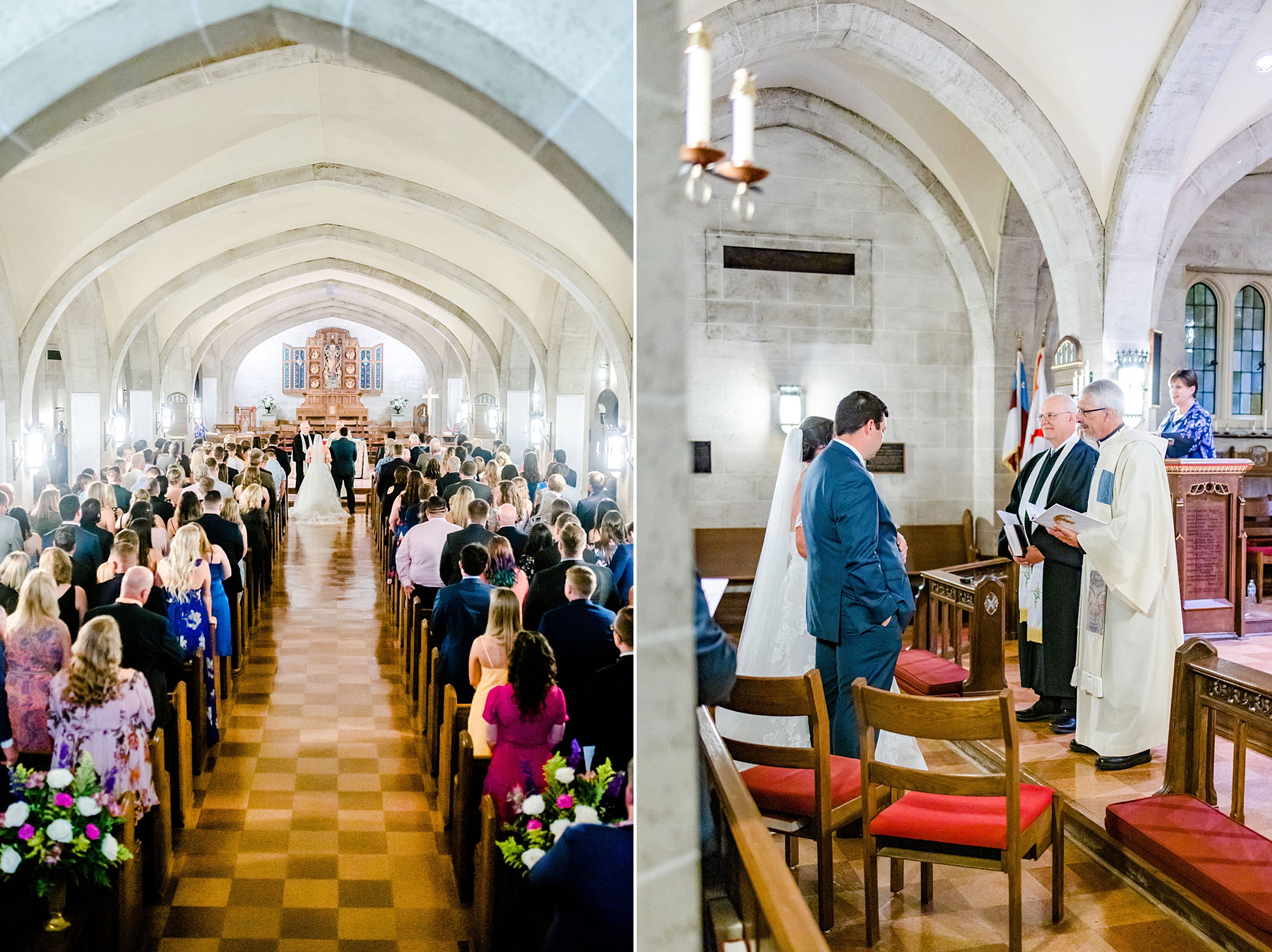 couple kneels during traditional church wedding at Saint Andrews in Delaware