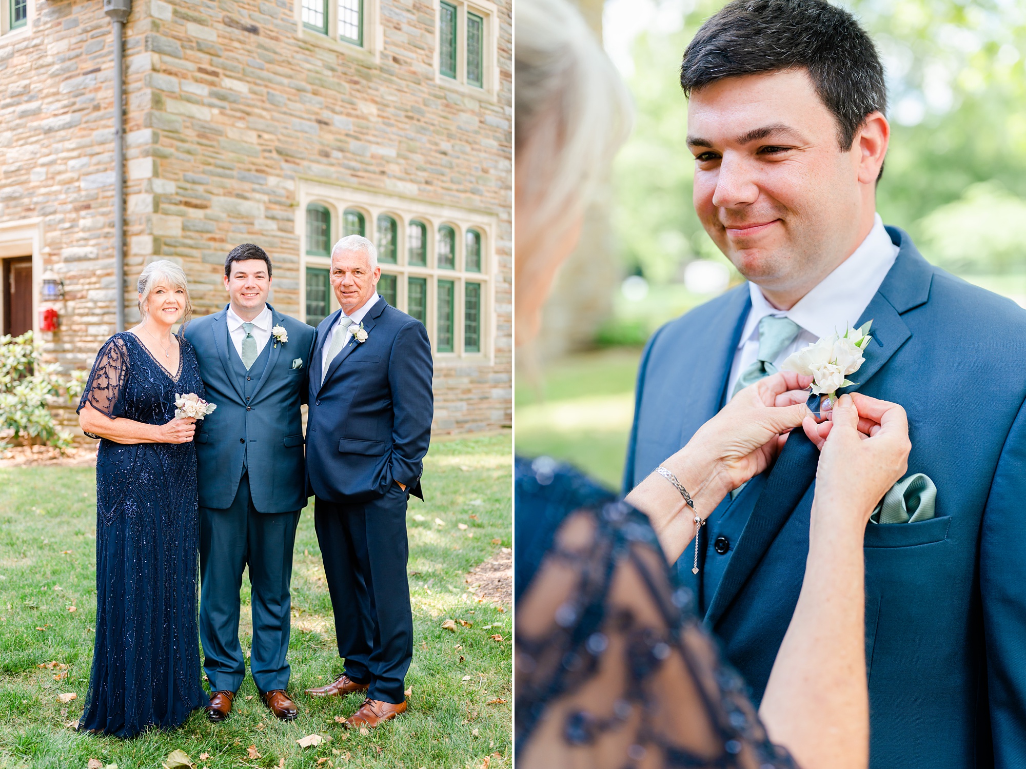 mother helps groom with boutonniere outside Saint Andrews School 
