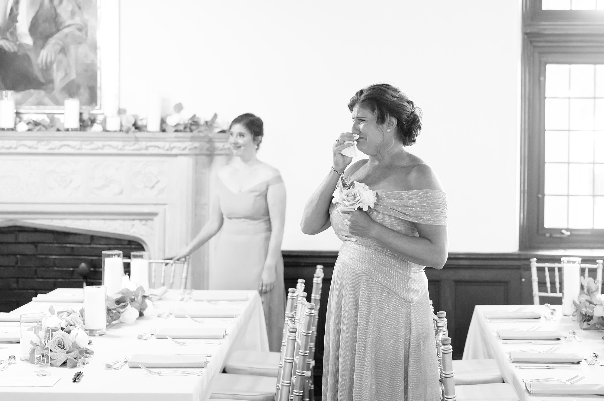 bride's mother cries during first look for bride and dad