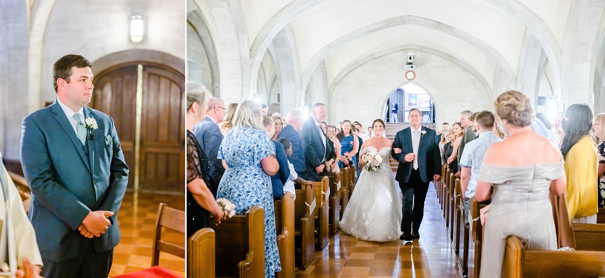 bride walks up aisle with dad during ceremony at Saint Andrews School