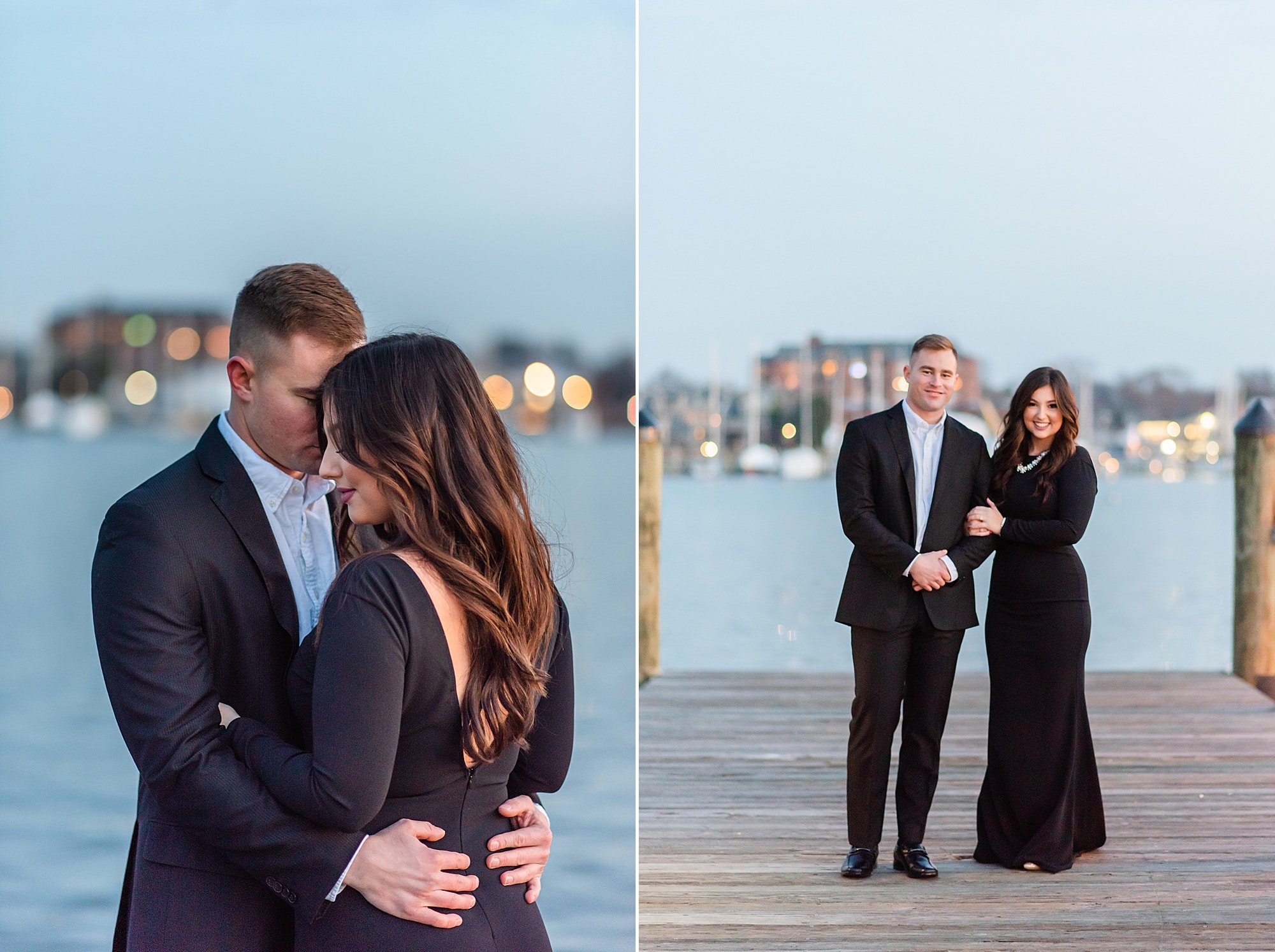 Black tie engagment session. The bride and groom are standing on a dock in a back sport coat and ball gown. 