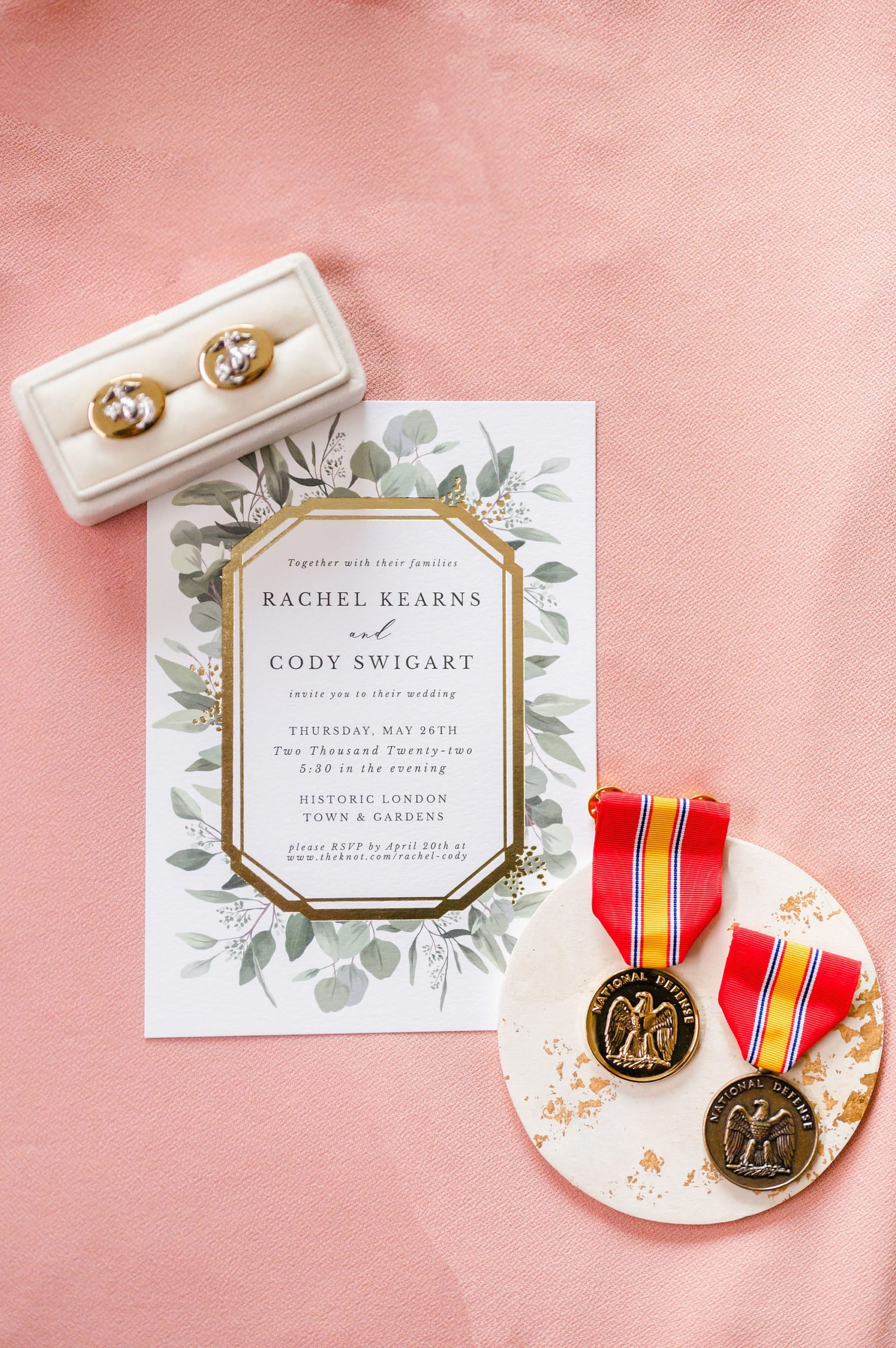 invitation suite and military medals for Londontown Gardens wedding 
