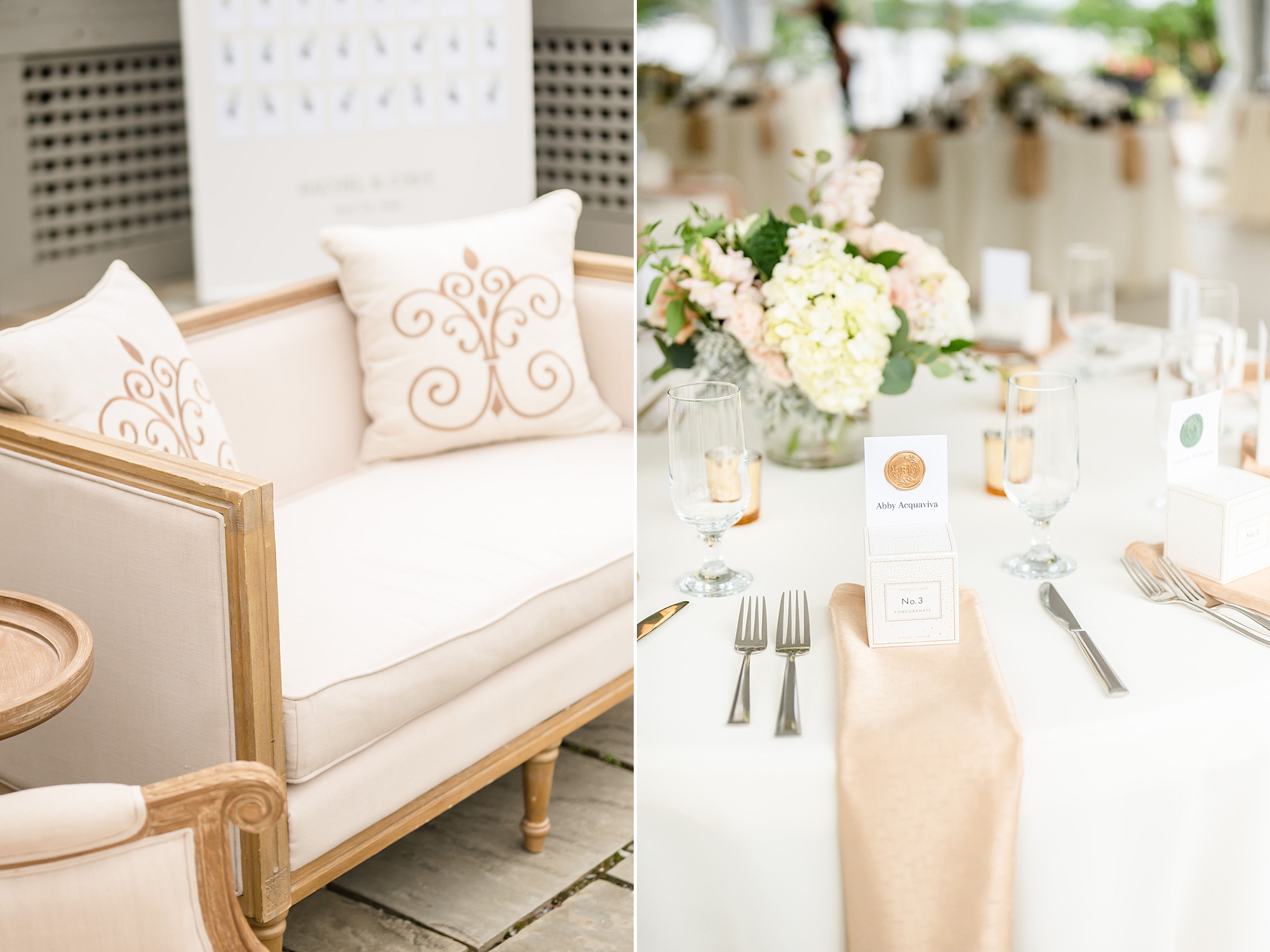 reception seating and blush details for reception at Londontown Gardens