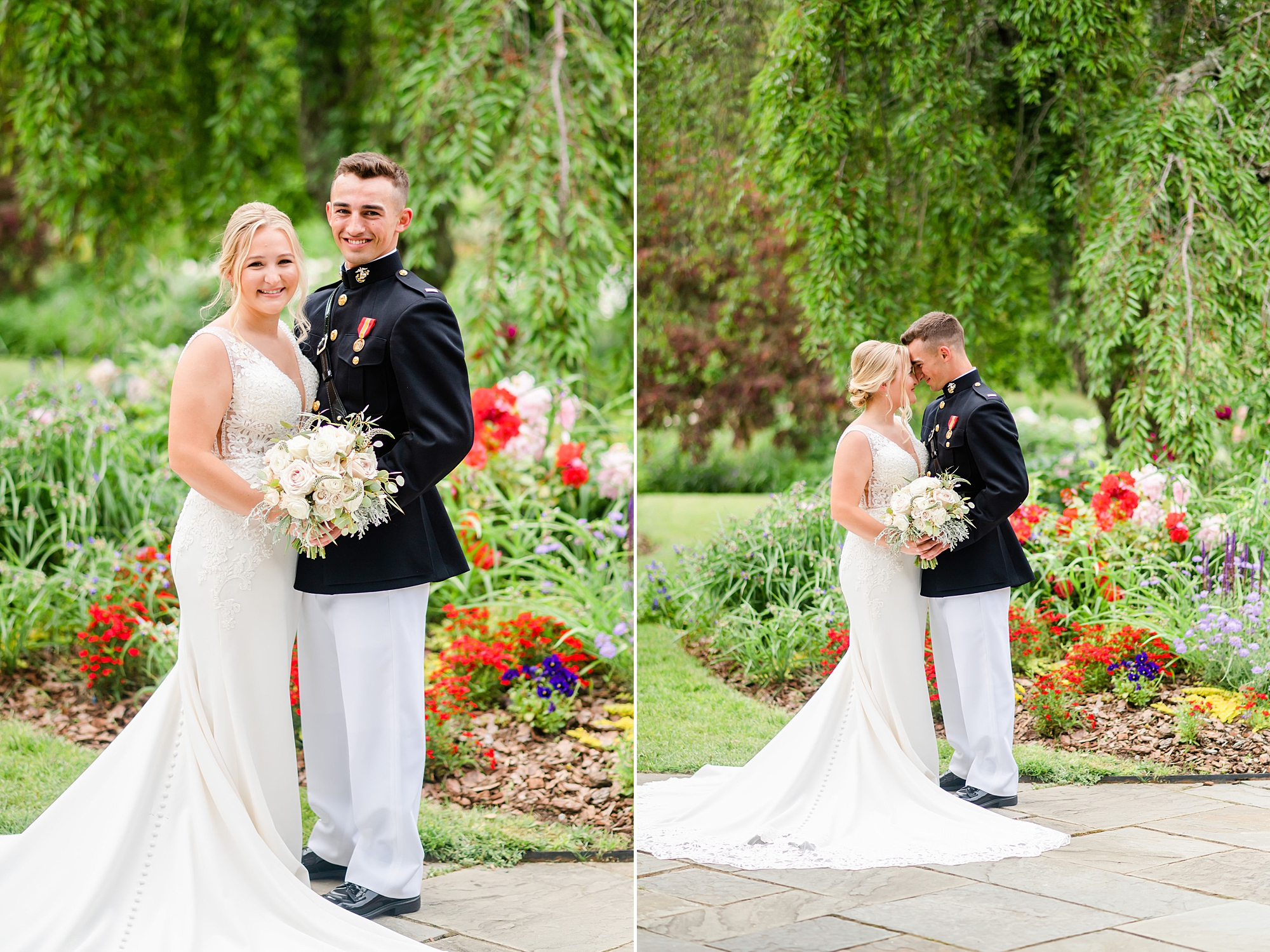 bride and groom stand with foreheads touching in gardens 