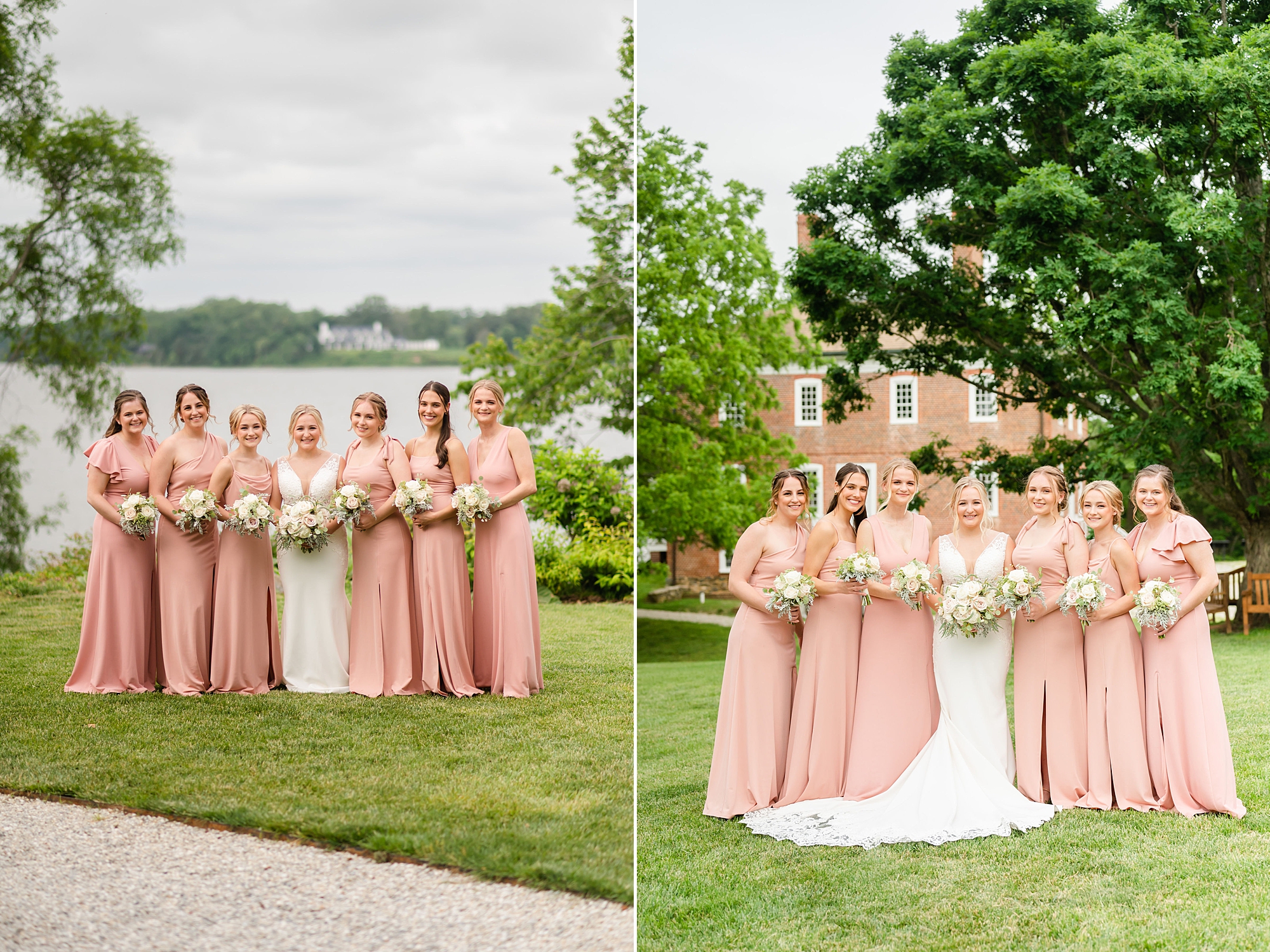 bride and bridesmaids in light coral gowns pose during spring wedding photos