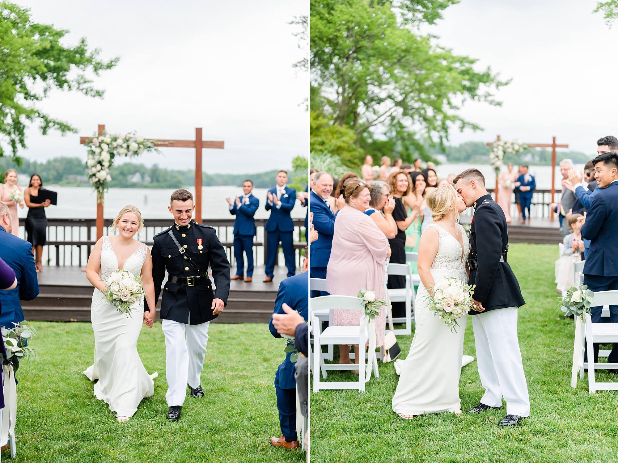 newlyweds walk up aisle after waterfront wedding ceremony in Edgewater MD