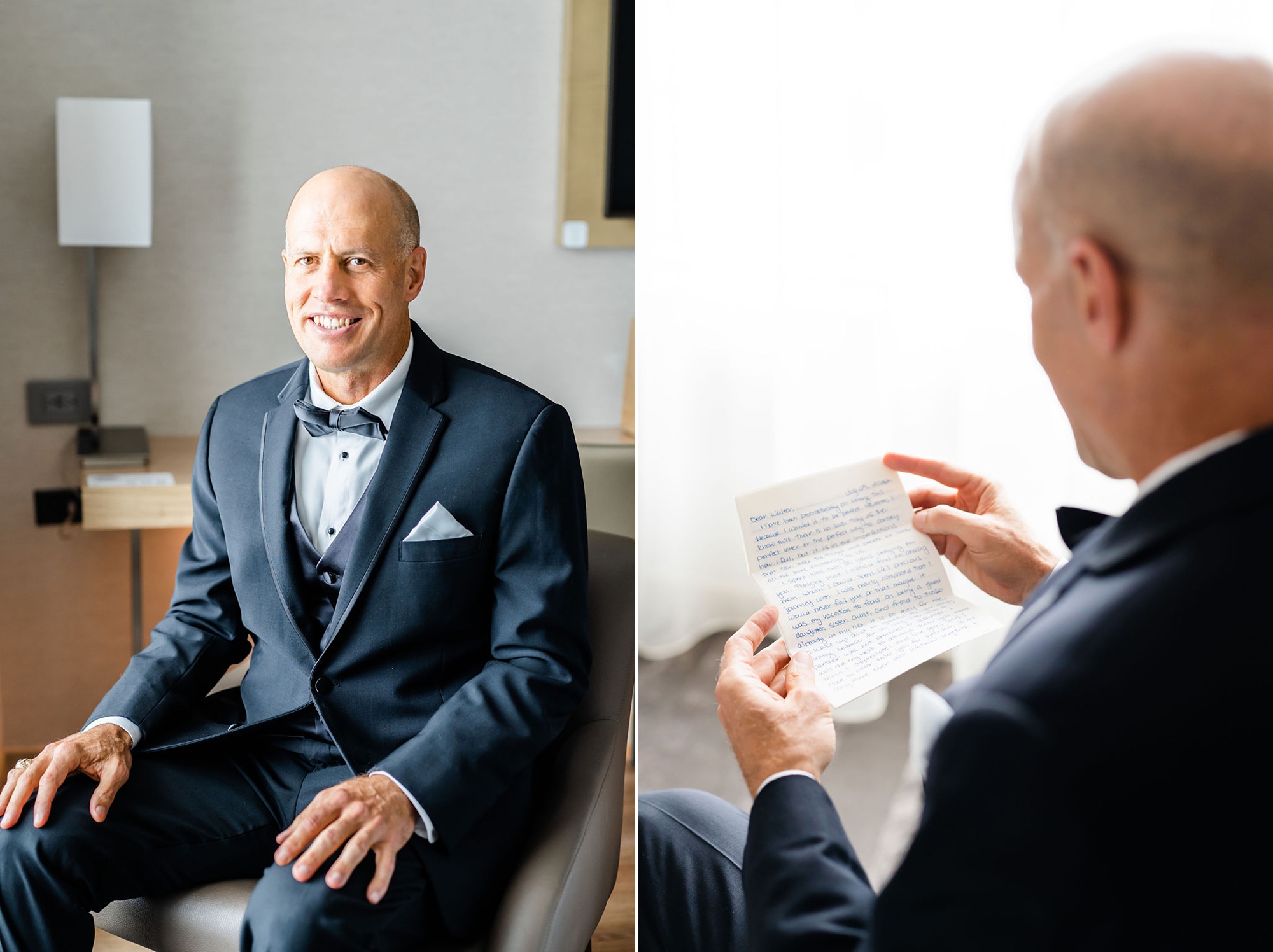 groom reads letter from bride-to-be on wedding morning 