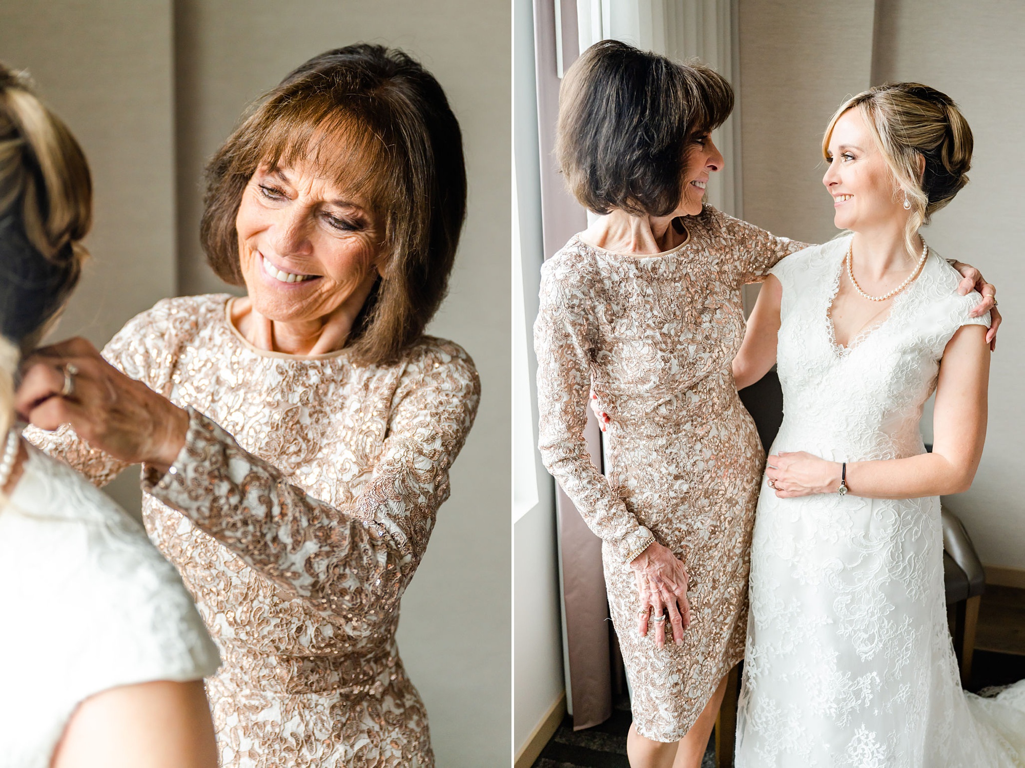 bride and mother prepare for Washington DC wedding together 