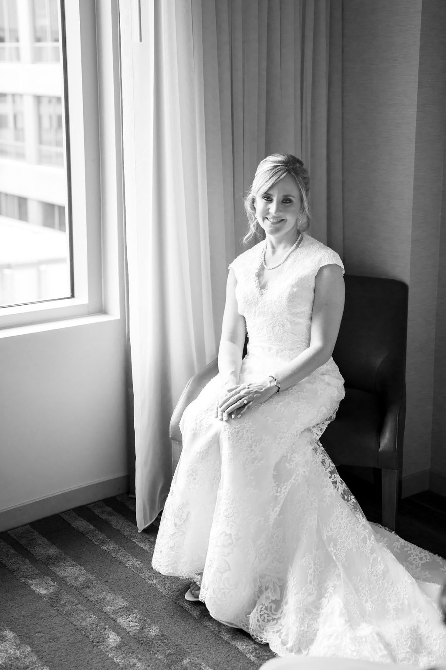 black and white portrait of bride in DC hotel