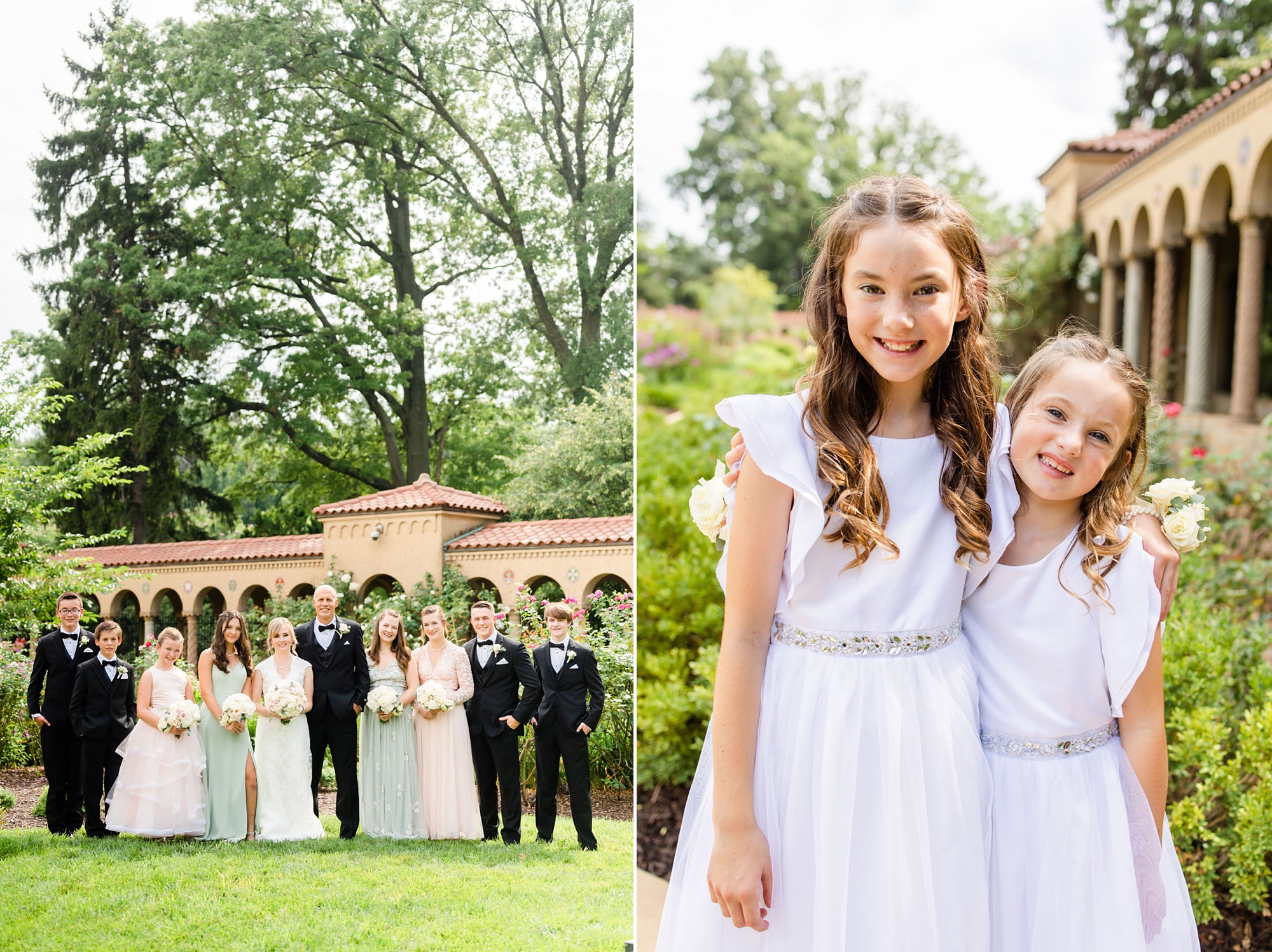 bride and groom pose with children during portraits in courtyard at Saint Francis Hall