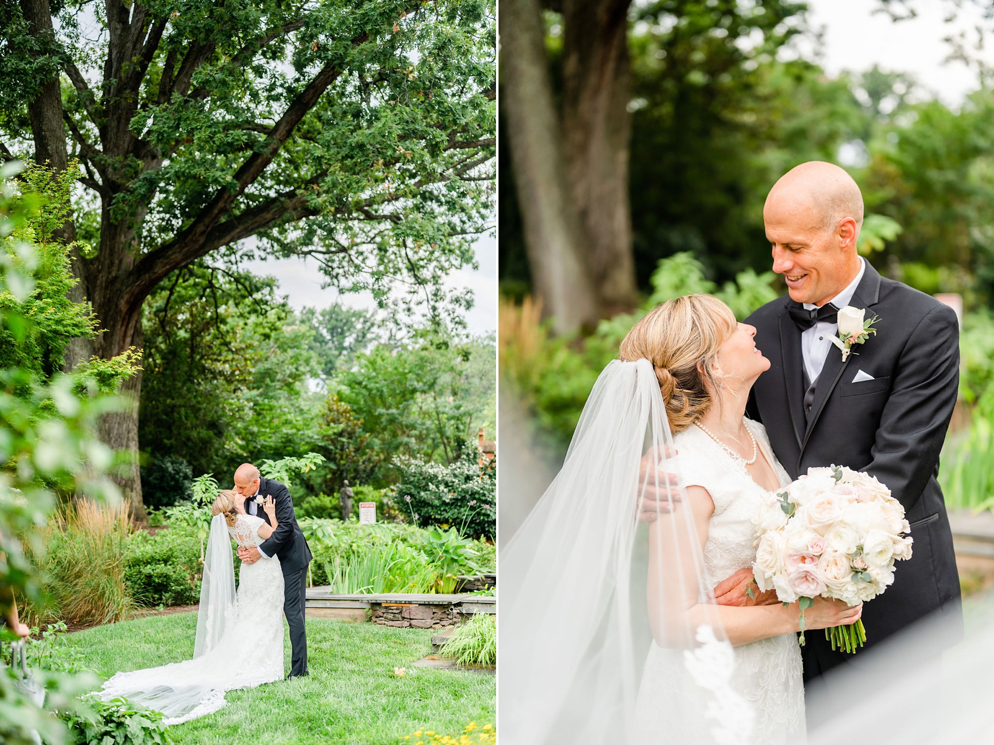 bride and groom kiss in gardens of Saint Francis Hall