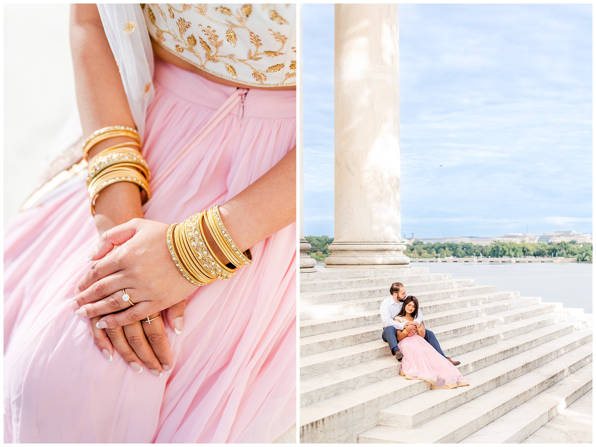 engaged couple sits on steps of Jefferson Memorial with bride holding hands on pink skirt