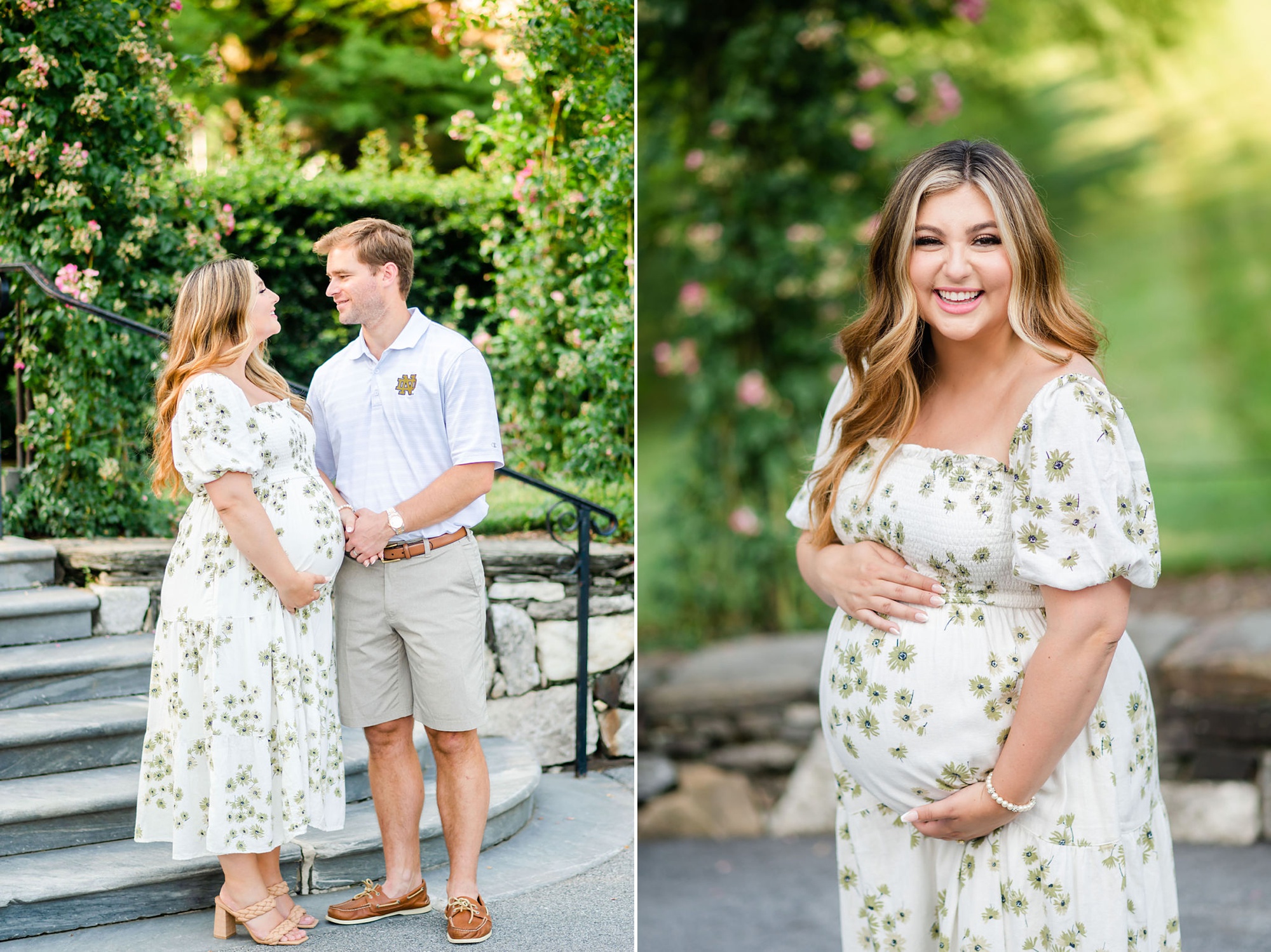woman laughs holding baby bump during Longwood Gardens maternity portraits 