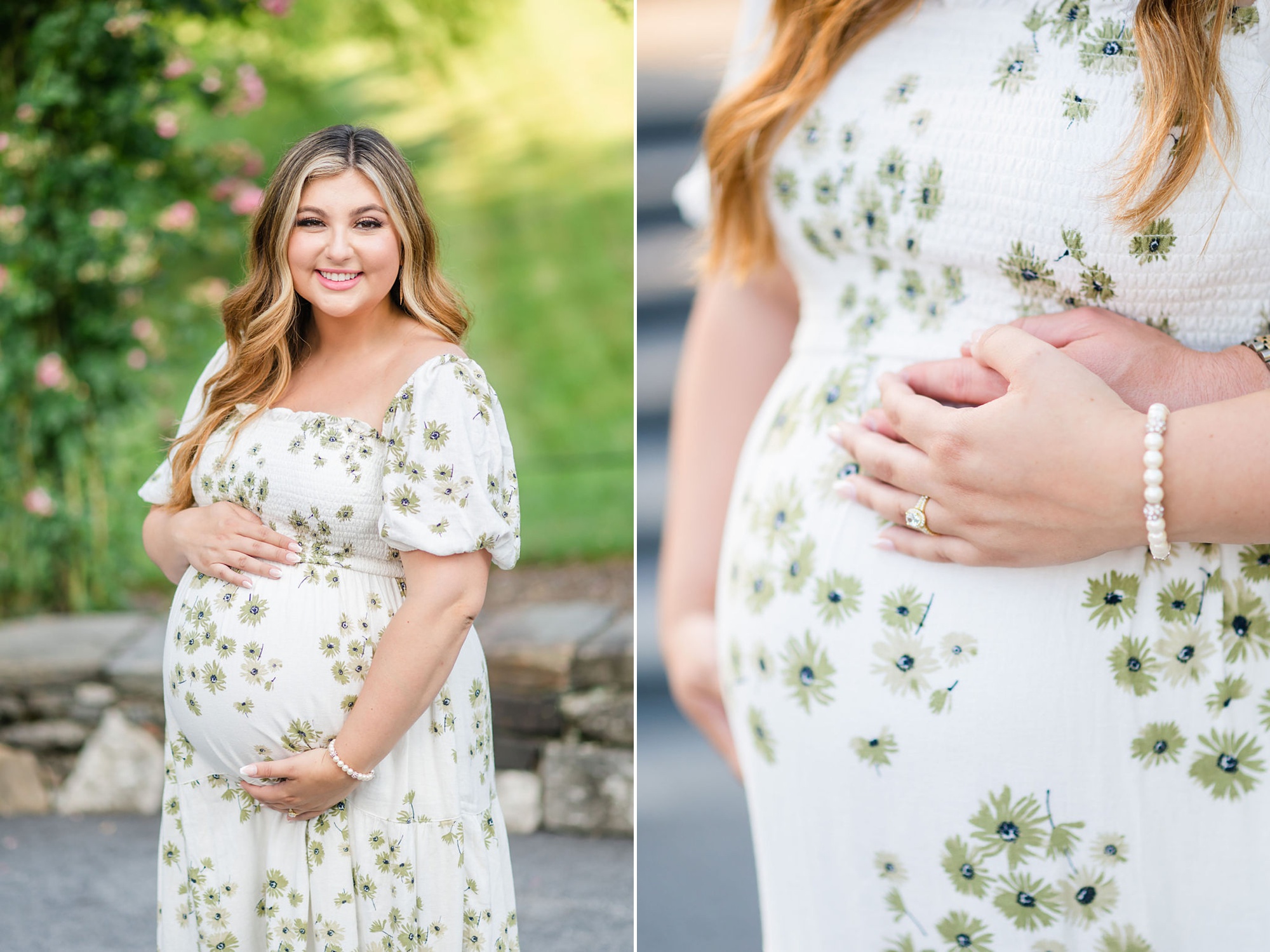expecting mom holds belly during Longwood Gardens maternity portraits 