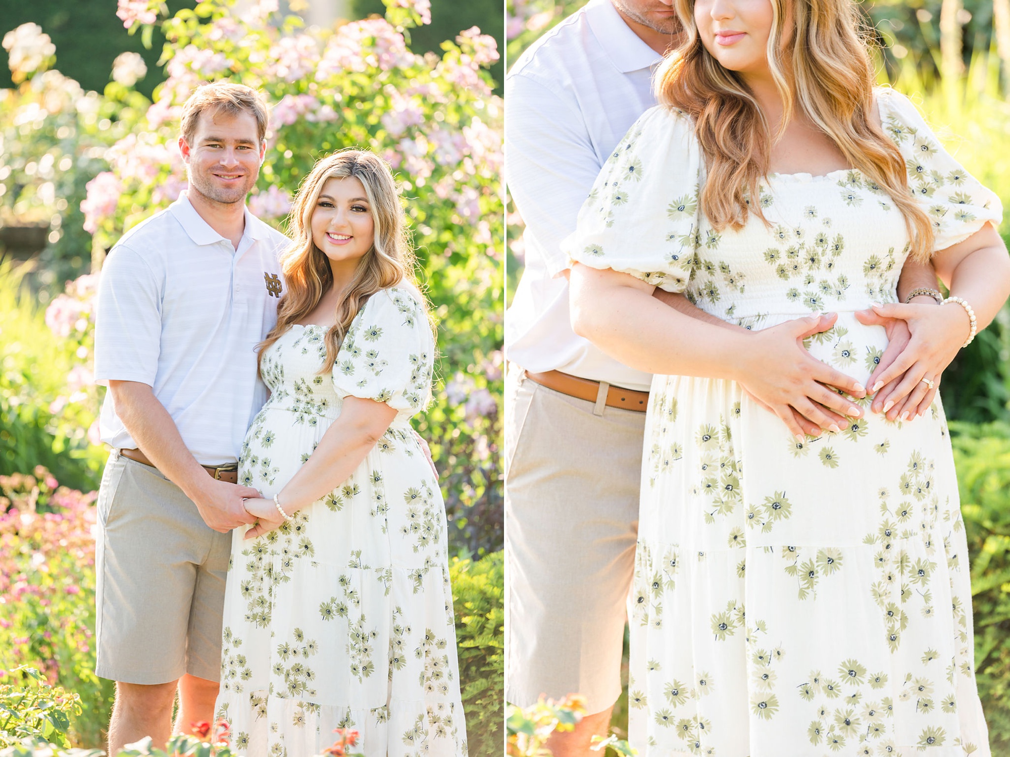 married couple hugs in garden holding woman's baby bump 