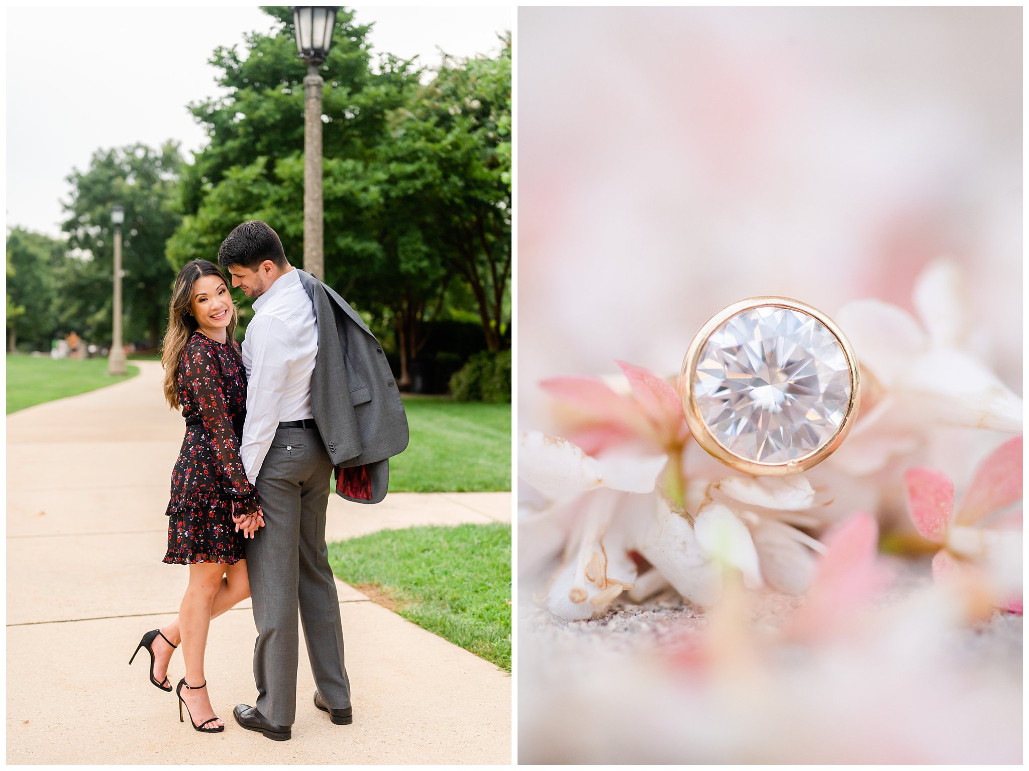 groom leans to kiss bride's cheek during DC engagement session with diamond ring on pink flowers 