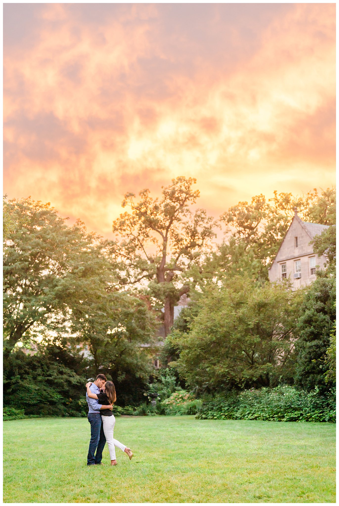 sunset portrait of couple on lawn in Washington DC