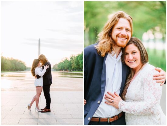 Two side by side photographs of an engaged couple smiling at eachtoher and then the camera